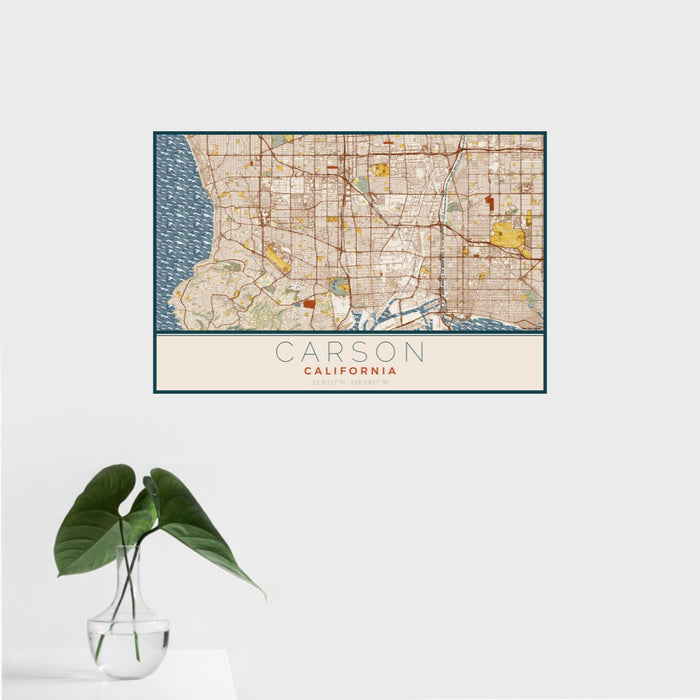 16x24 Carson California Map Print Landscape Orientation in Woodblock Style With Tropical Plant Leaves in Water