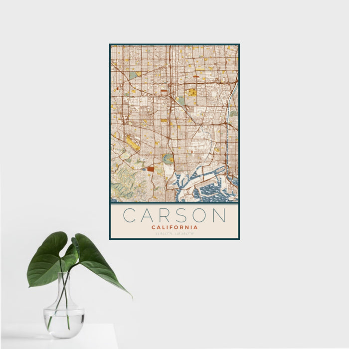 16x24 Carson California Map Print Portrait Orientation in Woodblock Style With Tropical Plant Leaves in Water