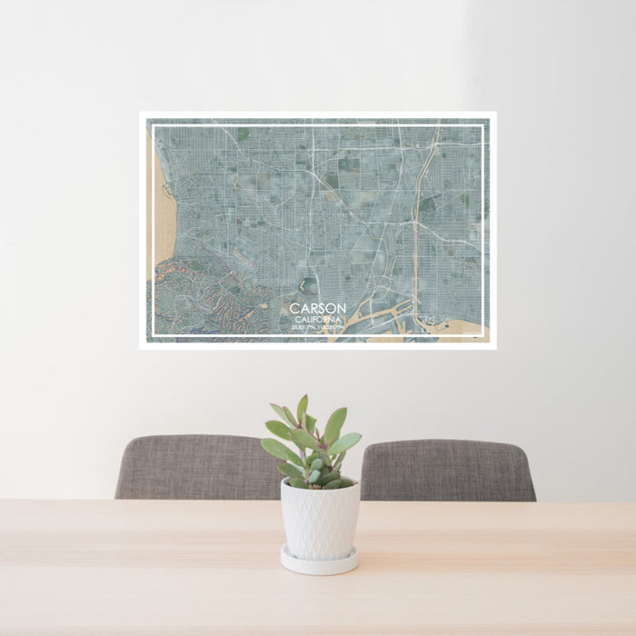 24x36 Carson California Map Print Lanscape Orientation in Afternoon Style Behind 2 Chairs Table and Potted Plant