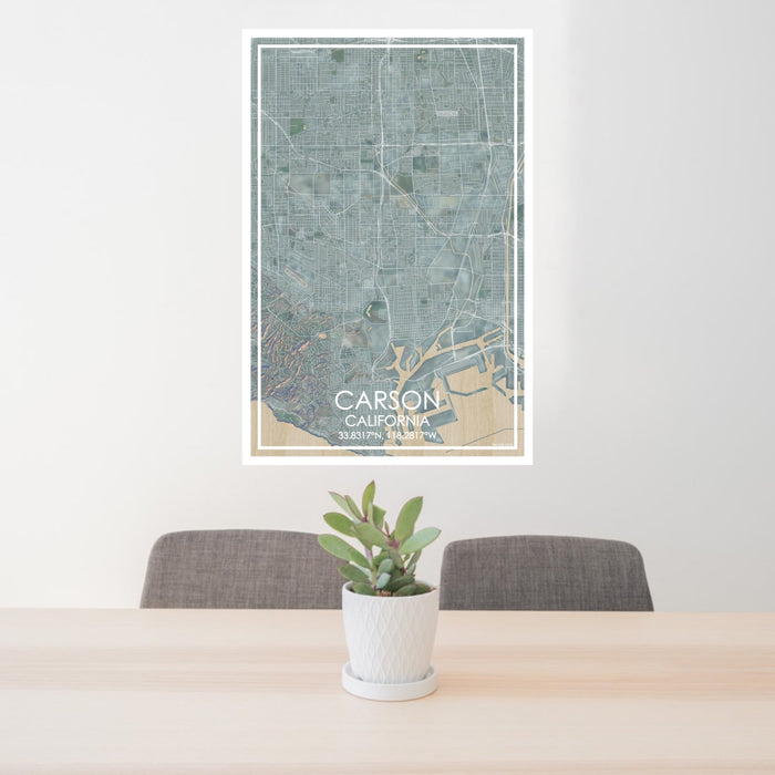 24x36 Carson California Map Print Portrait Orientation in Afternoon Style Behind 2 Chairs Table and Potted Plant
