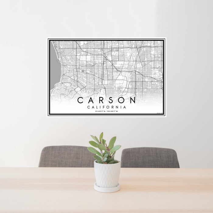 24x36 Carson California Map Print Lanscape Orientation in Classic Style Behind 2 Chairs Table and Potted Plant