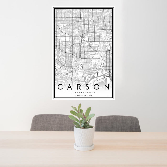 24x36 Carson California Map Print Portrait Orientation in Classic Style Behind 2 Chairs Table and Potted Plant