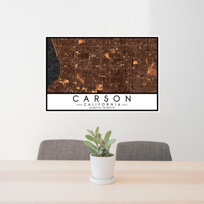 24x36 Carson California Map Print Lanscape Orientation in Ember Style Behind 2 Chairs Table and Potted Plant