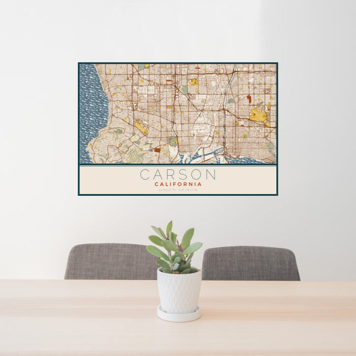 24x36 Carson California Map Print Lanscape Orientation in Woodblock Style Behind 2 Chairs Table and Potted Plant