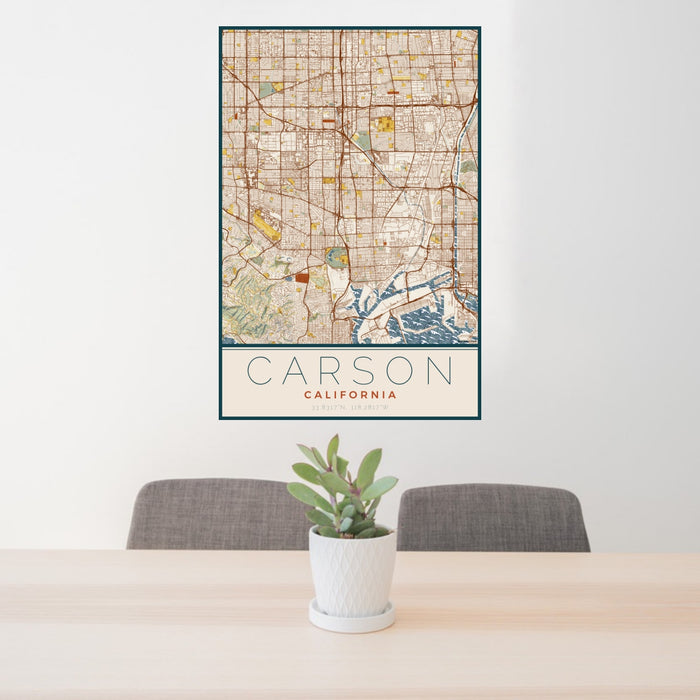 24x36 Carson California Map Print Portrait Orientation in Woodblock Style Behind 2 Chairs Table and Potted Plant