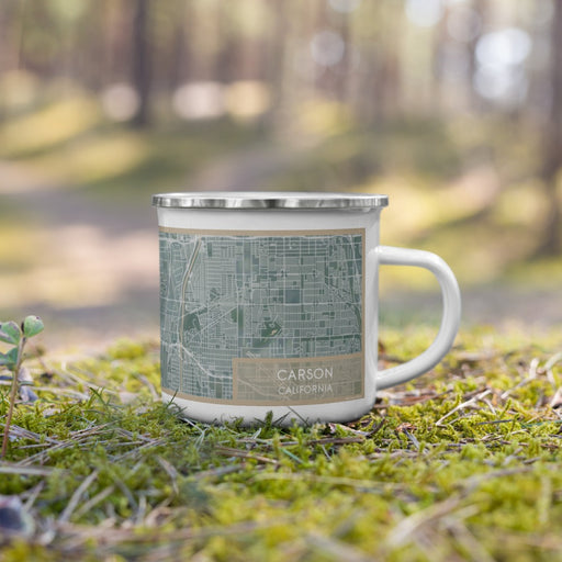 Right View Custom Carson California Map Enamel Mug in Afternoon on Grass With Trees in Background
