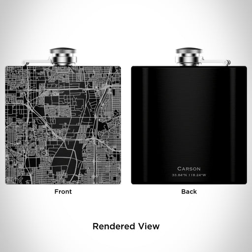 Rendered View of Carson California Map Engraving on 6oz Stainless Steel Flask in Black
