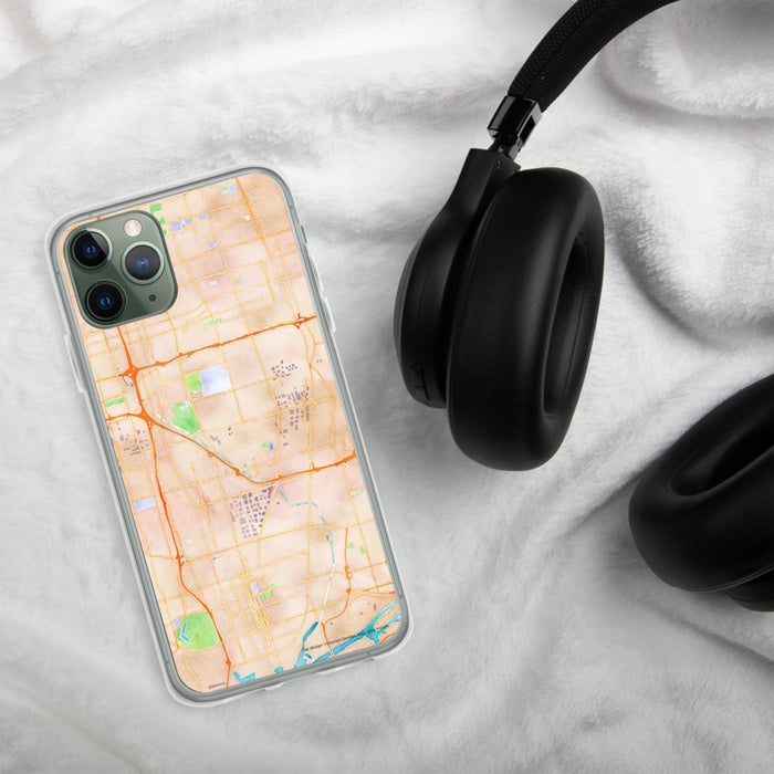Custom Carson California Map Phone Case in Watercolor on Table with Black Headphones