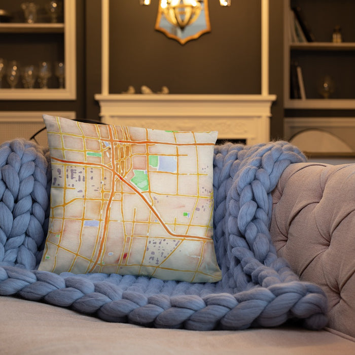 Custom Carson California Map Throw Pillow in Watercolor on Cream Colored Couch