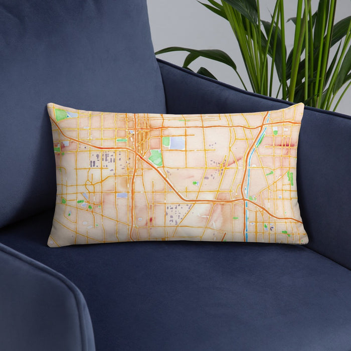 Custom Carson California Map Throw Pillow in Watercolor on Blue Colored Chair