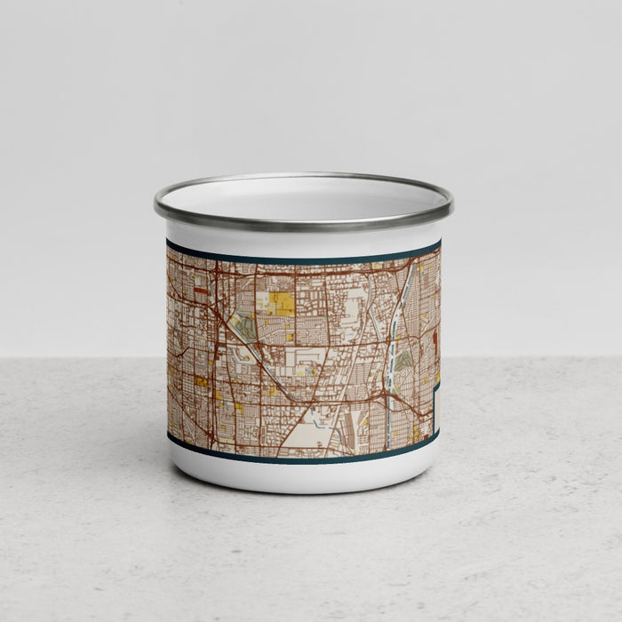 Front View Custom Carson California Map Enamel Mug in Woodblock
