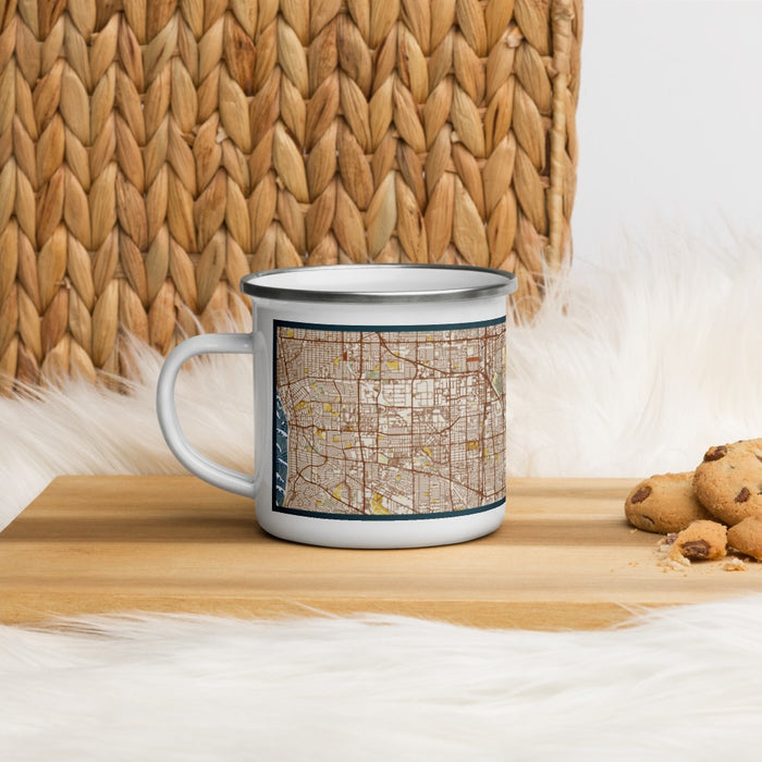 Left View Custom Carson California Map Enamel Mug in Woodblock on Table Top