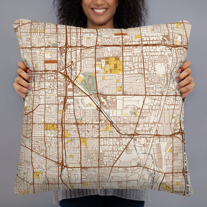 Person holding 22x22 Custom Carson California Map Throw Pillow in Woodblock