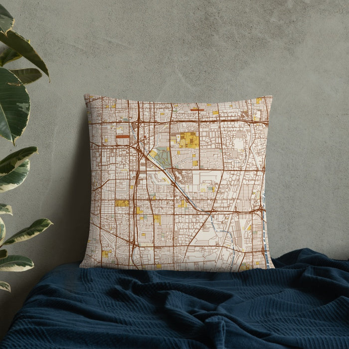 Custom Carson California Map Throw Pillow in Woodblock on Bedding Against Wall