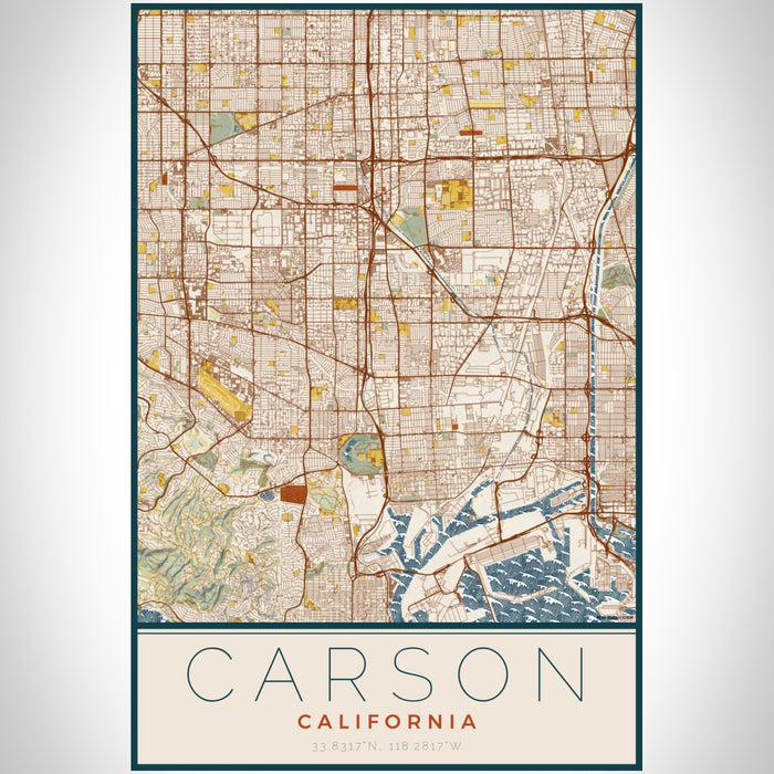 Carson California Map Print Portrait Orientation in Woodblock Style With Shaded Background