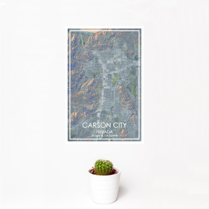 12x18 Carson City Nevada Map Print Portrait Orientation in Afternoon Style With Small Cactus Plant in White Planter