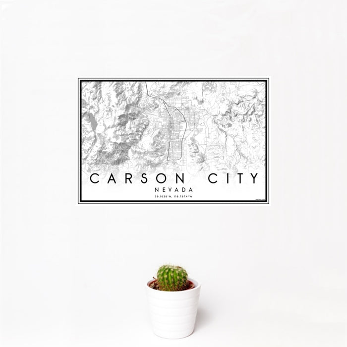 12x18 Carson City Nevada Map Print Landscape Orientation in Classic Style With Small Cactus Plant in White Planter