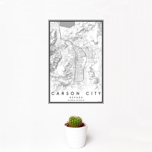 12x18 Carson City Nevada Map Print Portrait Orientation in Classic Style With Small Cactus Plant in White Planter