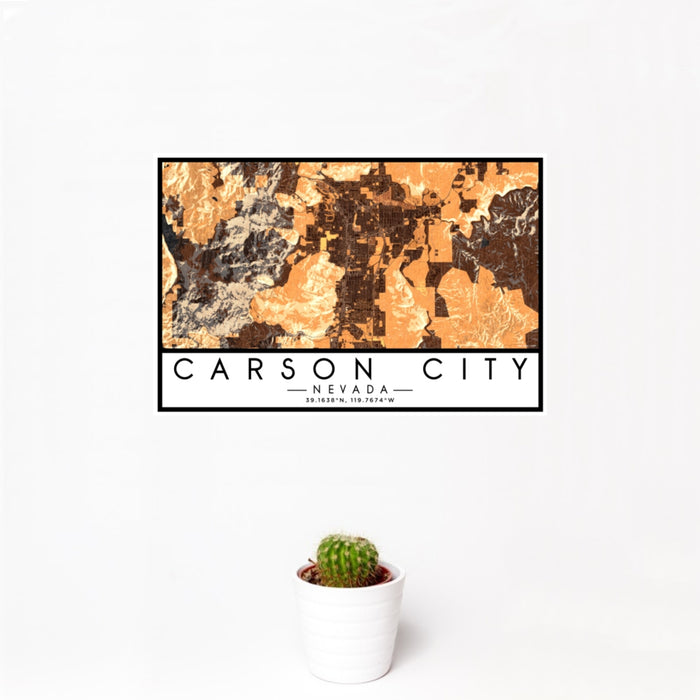 12x18 Carson City Nevada Map Print Landscape Orientation in Ember Style With Small Cactus Plant in White Planter