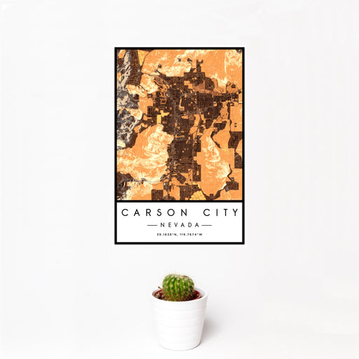 12x18 Carson City Nevada Map Print Portrait Orientation in Ember Style With Small Cactus Plant in White Planter