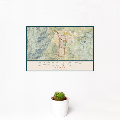 12x18 Carson City Nevada Map Print Landscape Orientation in Woodblock Style With Small Cactus Plant in White Planter