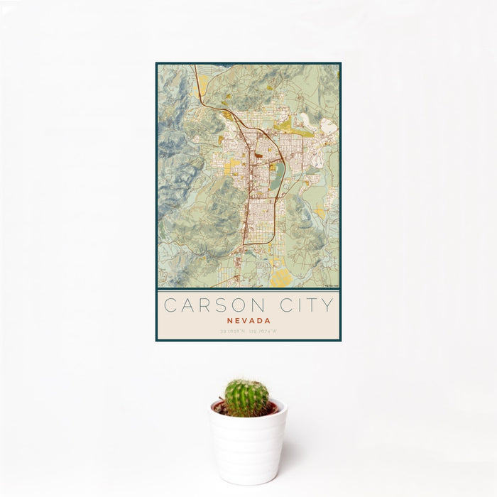 12x18 Carson City Nevada Map Print Portrait Orientation in Woodblock Style With Small Cactus Plant in White Planter