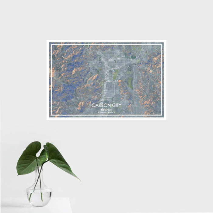 16x24 Carson City Nevada Map Print Landscape Orientation in Afternoon Style With Tropical Plant Leaves in Water