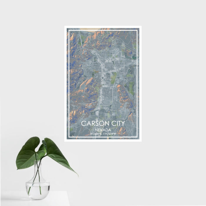 16x24 Carson City Nevada Map Print Portrait Orientation in Afternoon Style With Tropical Plant Leaves in Water