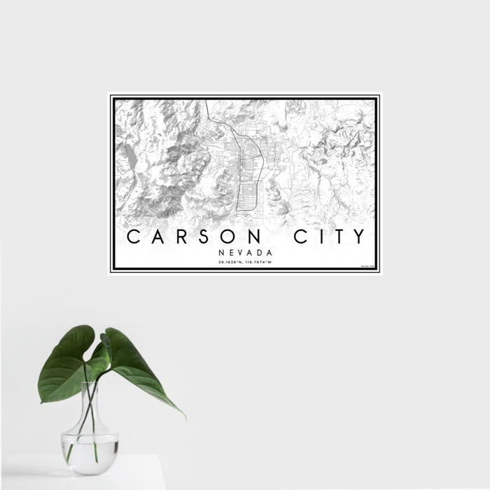16x24 Carson City Nevada Map Print Landscape Orientation in Classic Style With Tropical Plant Leaves in Water