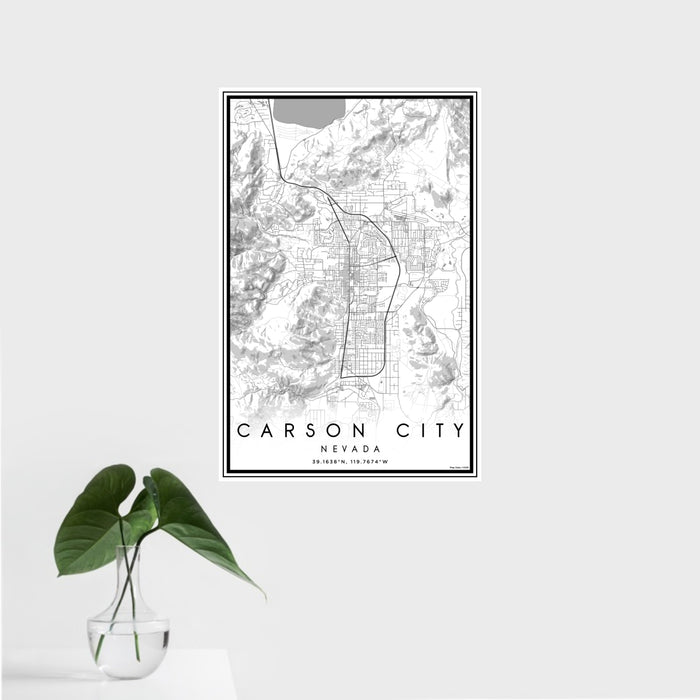 16x24 Carson City Nevada Map Print Portrait Orientation in Classic Style With Tropical Plant Leaves in Water