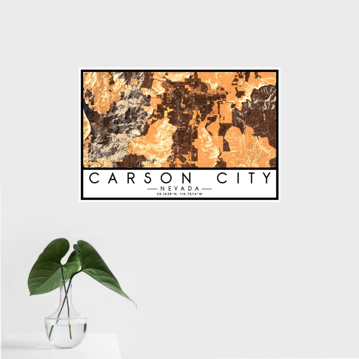 16x24 Carson City Nevada Map Print Landscape Orientation in Ember Style With Tropical Plant Leaves in Water