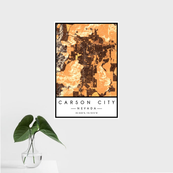 16x24 Carson City Nevada Map Print Portrait Orientation in Ember Style With Tropical Plant Leaves in Water