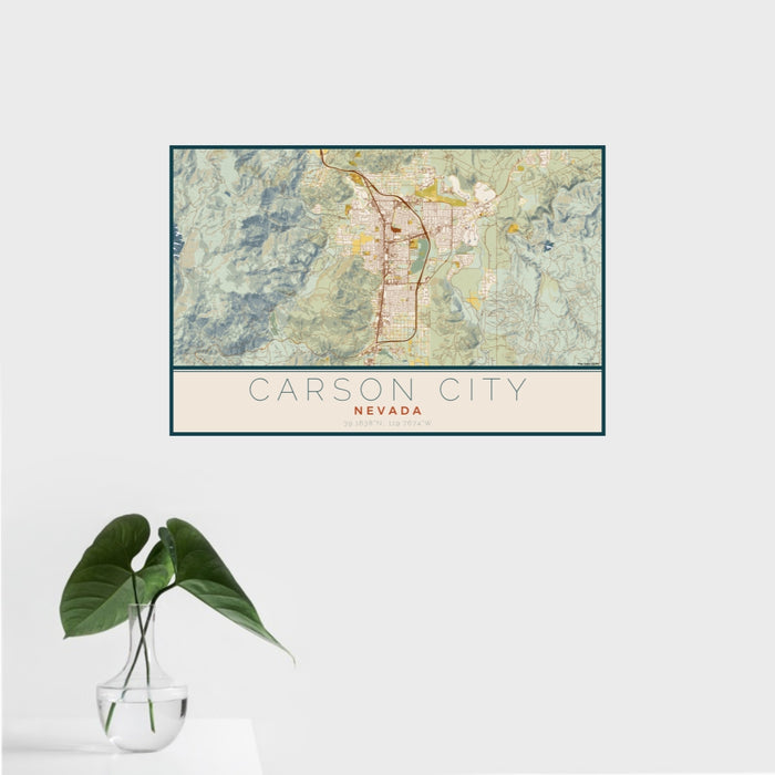16x24 Carson City Nevada Map Print Landscape Orientation in Woodblock Style With Tropical Plant Leaves in Water
