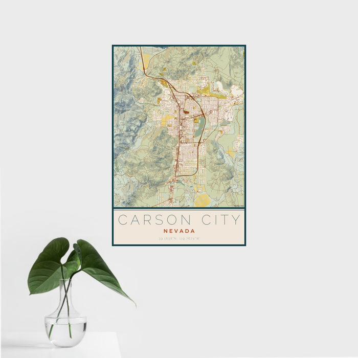 16x24 Carson City Nevada Map Print Portrait Orientation in Woodblock Style With Tropical Plant Leaves in Water