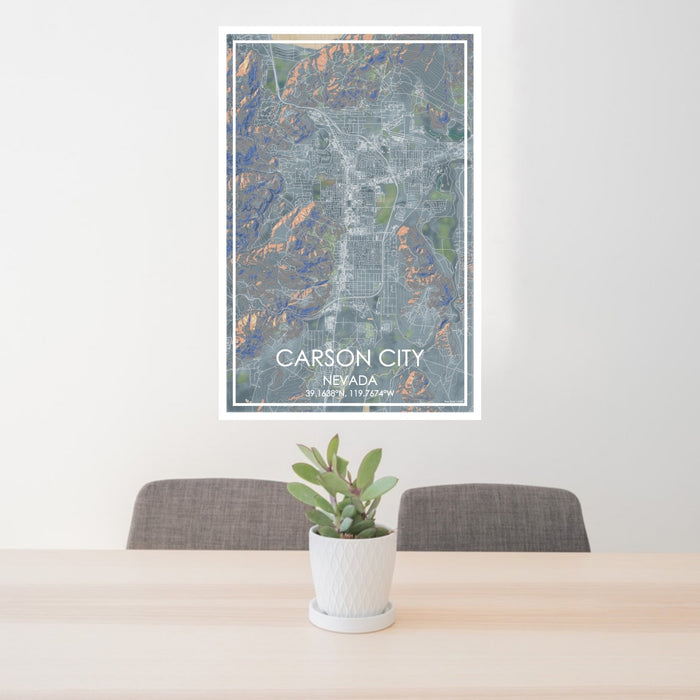 24x36 Carson City Nevada Map Print Portrait Orientation in Afternoon Style Behind 2 Chairs Table and Potted Plant