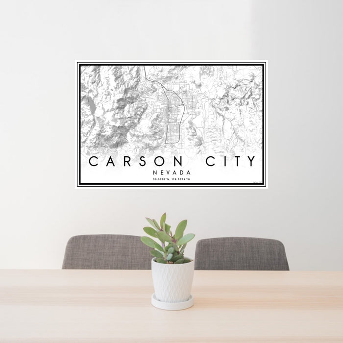 24x36 Carson City Nevada Map Print Lanscape Orientation in Classic Style Behind 2 Chairs Table and Potted Plant