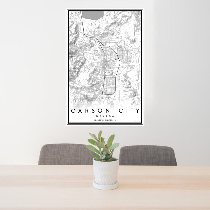 24x36 Carson City Nevada Map Print Portrait Orientation in Classic Style Behind 2 Chairs Table and Potted Plant