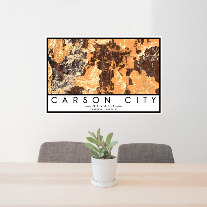 24x36 Carson City Nevada Map Print Lanscape Orientation in Ember Style Behind 2 Chairs Table and Potted Plant