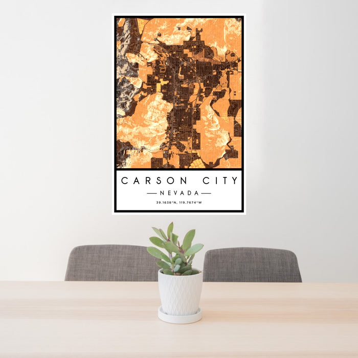 24x36 Carson City Nevada Map Print Portrait Orientation in Ember Style Behind 2 Chairs Table and Potted Plant