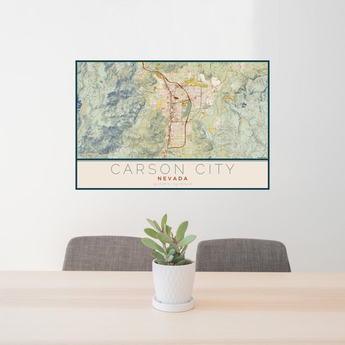 24x36 Carson City Nevada Map Print Lanscape Orientation in Woodblock Style Behind 2 Chairs Table and Potted Plant