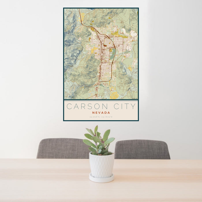 24x36 Carson City Nevada Map Print Portrait Orientation in Woodblock Style Behind 2 Chairs Table and Potted Plant