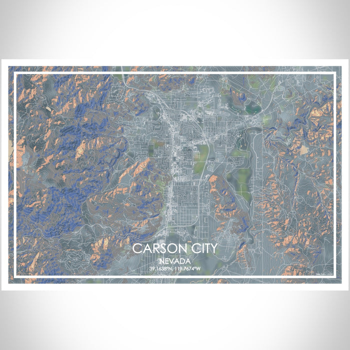 Carson City Nevada Map Print Landscape Orientation in Afternoon Style With Shaded Background