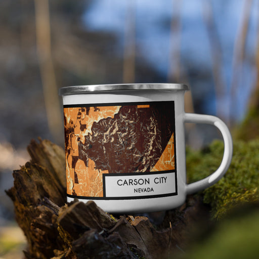 Right View Custom Carson City Nevada Map Enamel Mug in Ember on Grass With Trees in Background