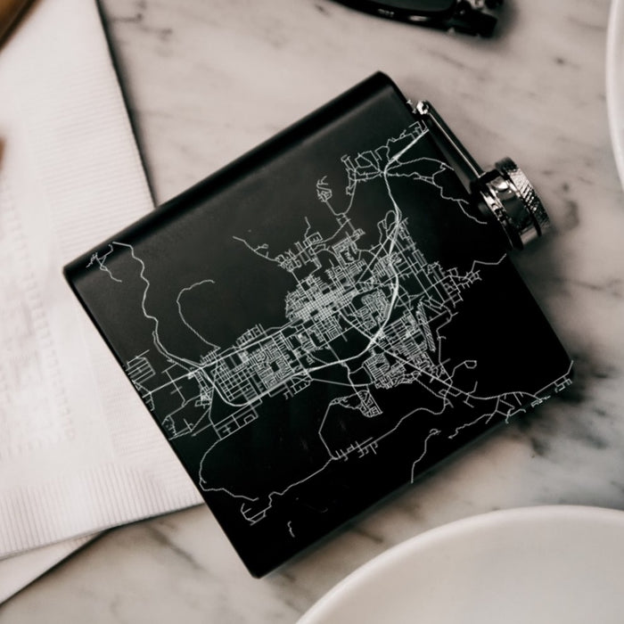 Carson City Nevada Custom Engraved City Map Inscription Coordinates on 6oz Stainless Steel Flask in Black