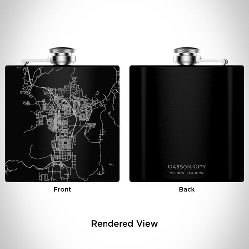 Rendered View of Carson City Nevada Map Engraving on 6oz Stainless Steel Flask in Black
