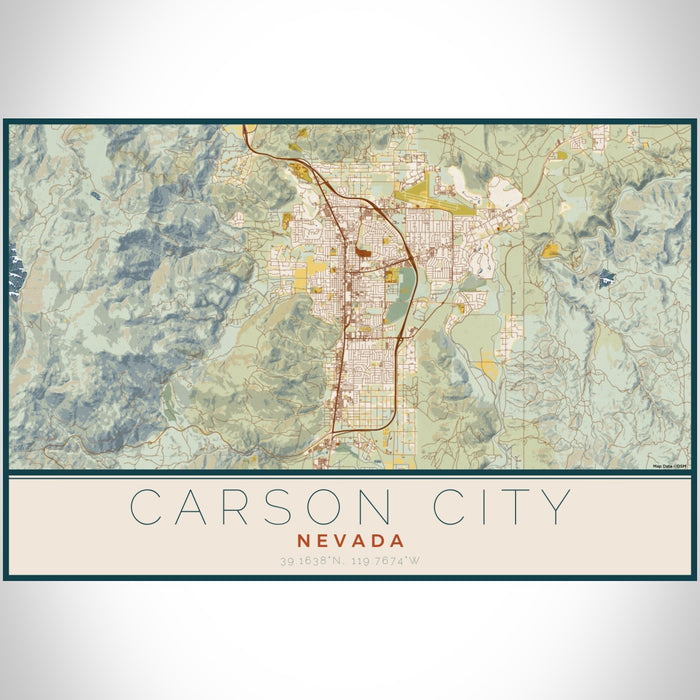 Carson City Nevada Map Print Landscape Orientation in Woodblock Style With Shaded Background