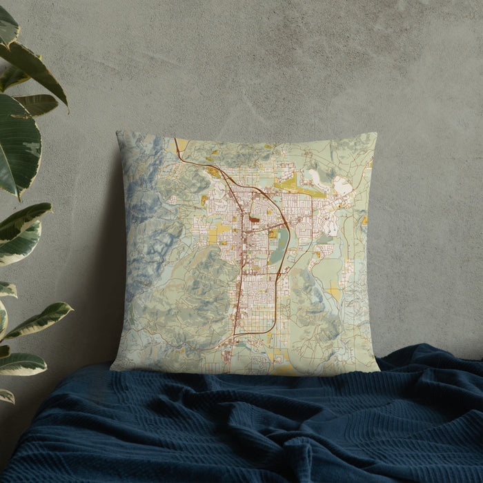 Custom Carson City Nevada Map Throw Pillow in Woodblock on Bedding Against Wall