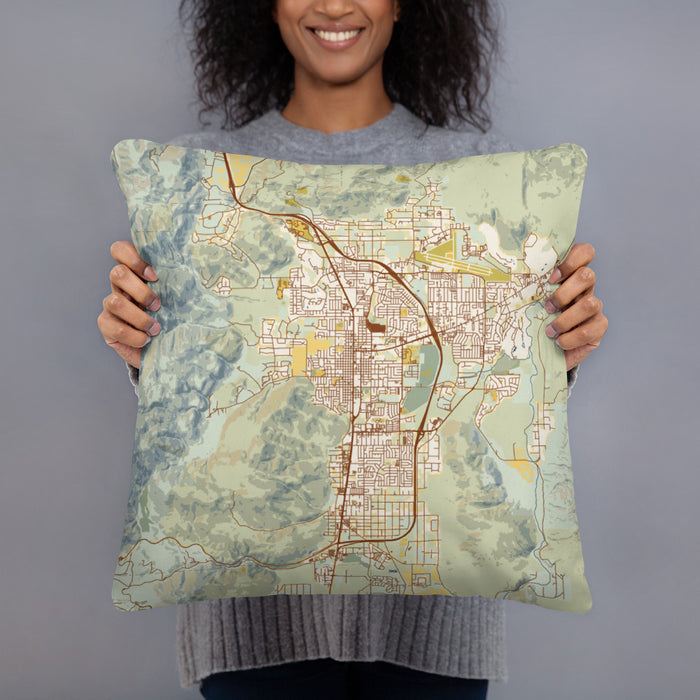 Person holding 18x18 Custom Carson City Nevada Map Throw Pillow in Woodblock