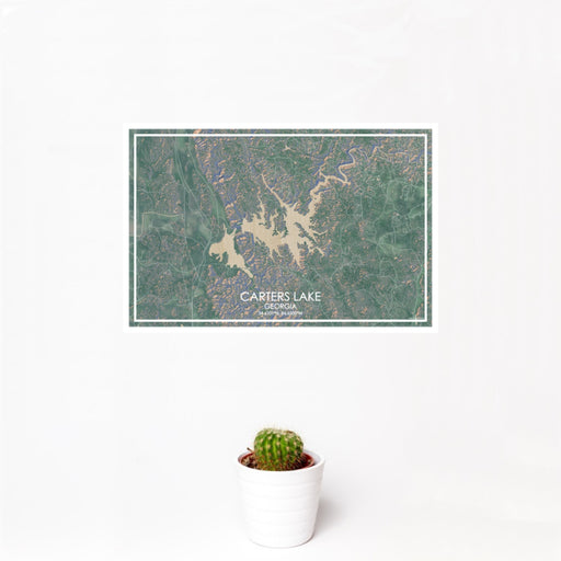 12x18 Carters Lake Georgia Map Print Landscape Orientation in Afternoon Style With Small Cactus Plant in White Planter
