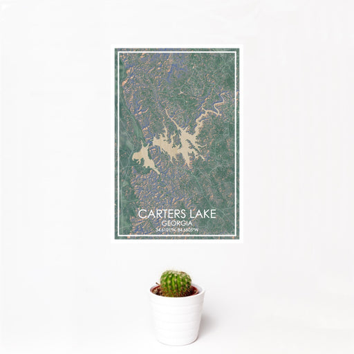 12x18 Carters Lake Georgia Map Print Portrait Orientation in Afternoon Style With Small Cactus Plant in White Planter